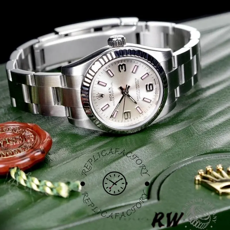 Lifestyle front view of the Rolex Oyster Perpetual 176234 showing silver dial and bracelet, 26mm.