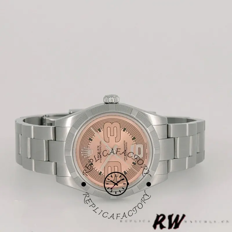 Rolex Oyster Perpetual 177210, full watch on Oyster bracelet, pink Arabic dial, 31mm.