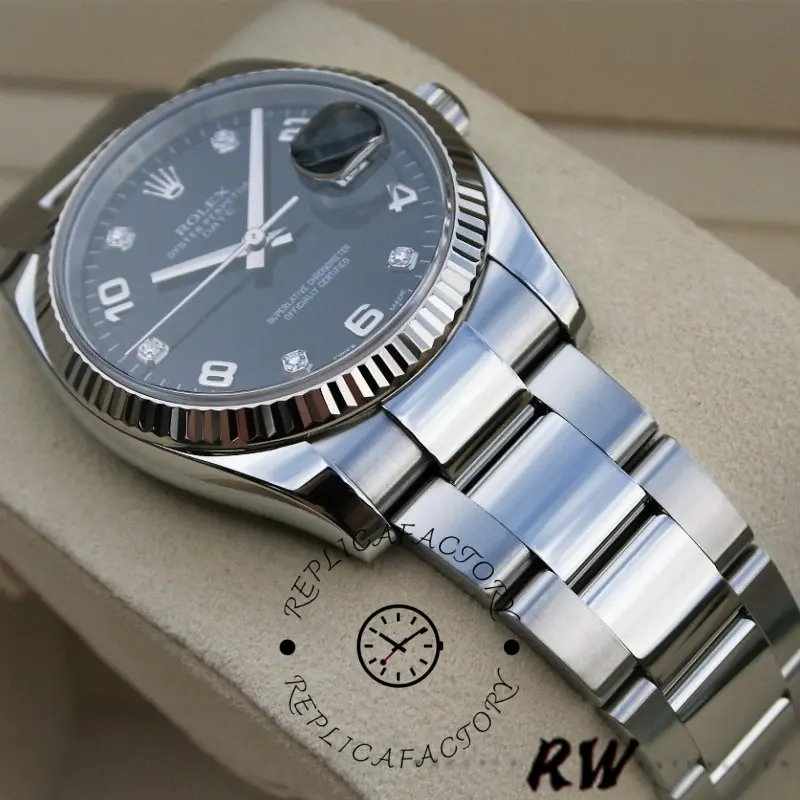 Side angle of Rolex Oyster Perpetual Date 115234 showing case profile and bracelet links.