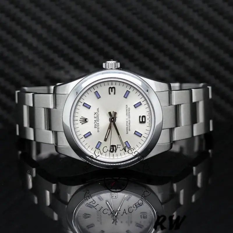 Rolex Oyster Perpetual 177200 full watch view, silver dial, Oyster bracelet on dark background.