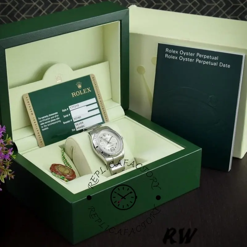 Rolex Oyster Perpetual 177210 Silver Maxi Arabic Dial 31mm Lady Replica Watch
