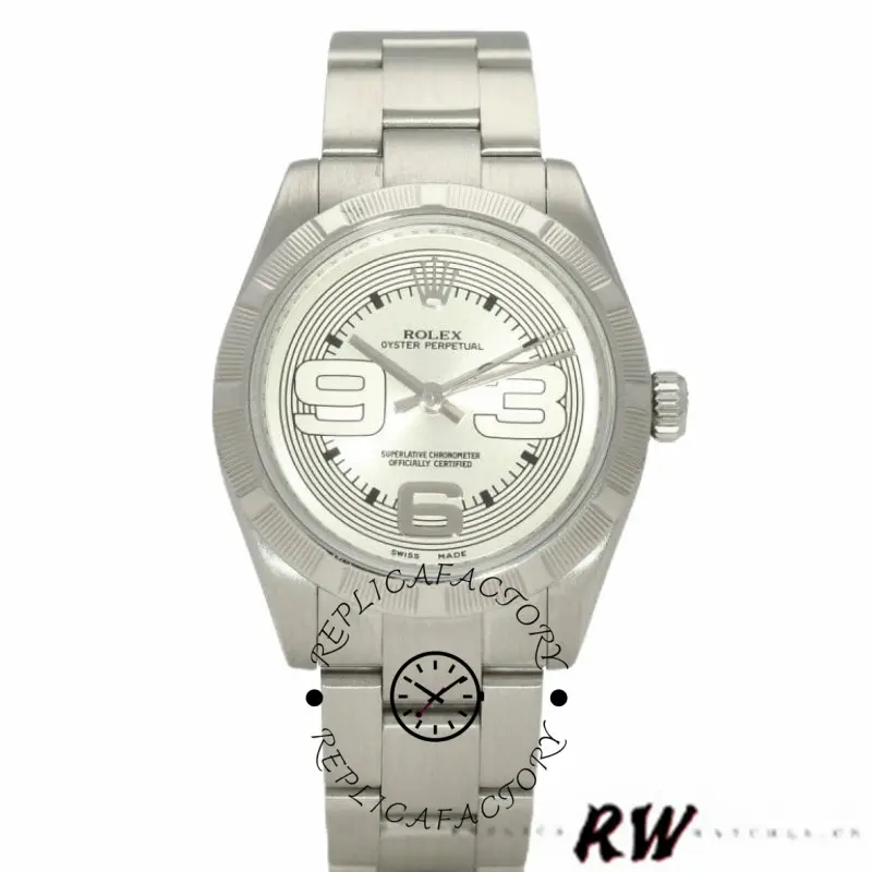 Rolex Oyster Perpetual 177210, front angle view showing bezel and silver maxi Arabic dial, 31mm.