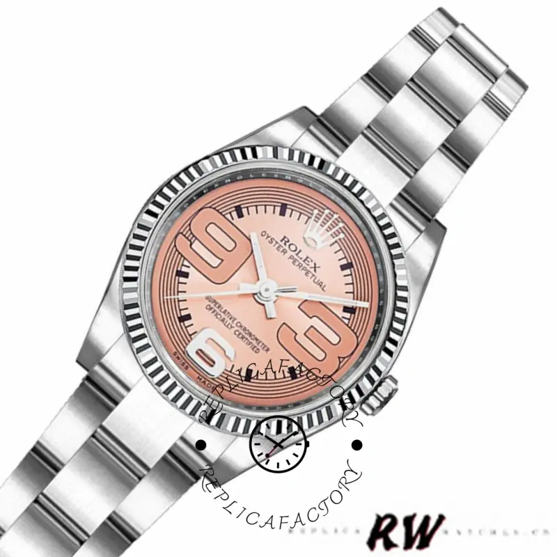 Angled view of the Rolex Oyster Perpetual 176234 showing pink maxi Arabic numerals and Oyster bracelet, 26mm.