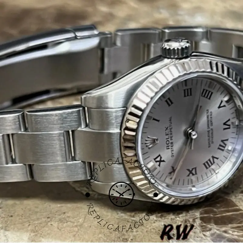Rolex Oyster Perpetual 176234 front angle, silver Roman diamond dial and fluted bezel detail.