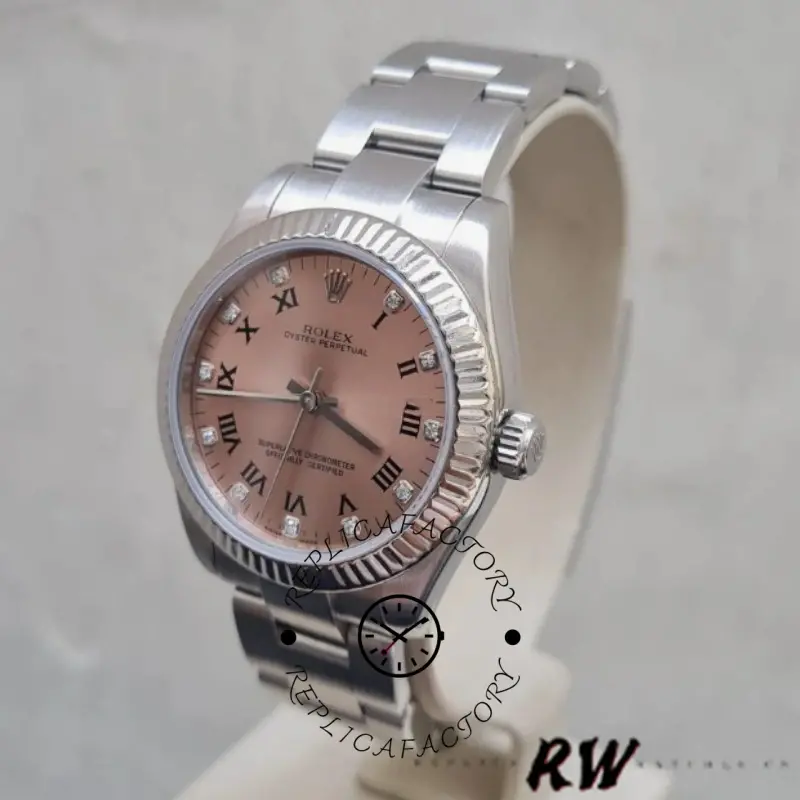 Rolex Oyster Perpetual 176234 crown-side angle, case profile and fluted bezel, pink dial.