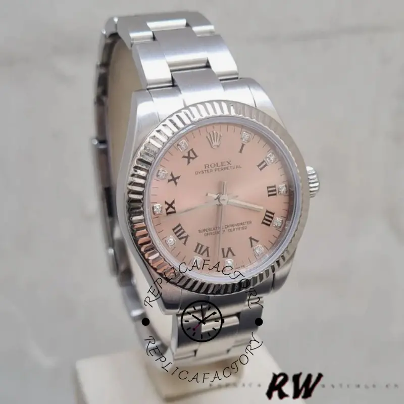 Rolex Oyster Perpetual 176234 angled view, pink diamond dial and fluted bezel detail.