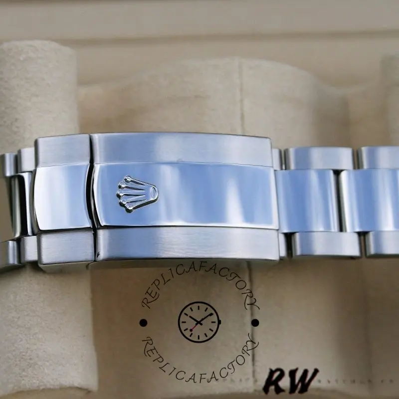 Clasp close-up of Rolex Oyster Perpetual Date 115234 showing Rolex crown on the folding clasp.