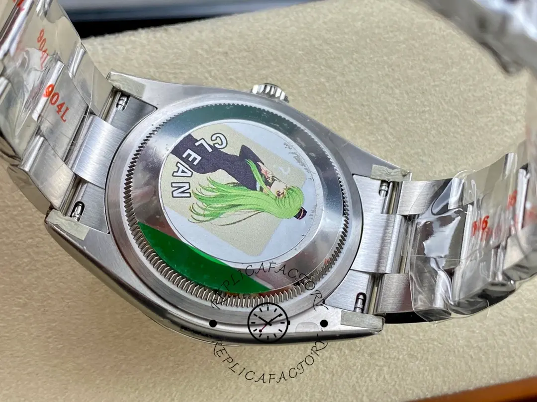 Rolex Oyster Perpetual 126000-0008, caseback close-up with green sticker.