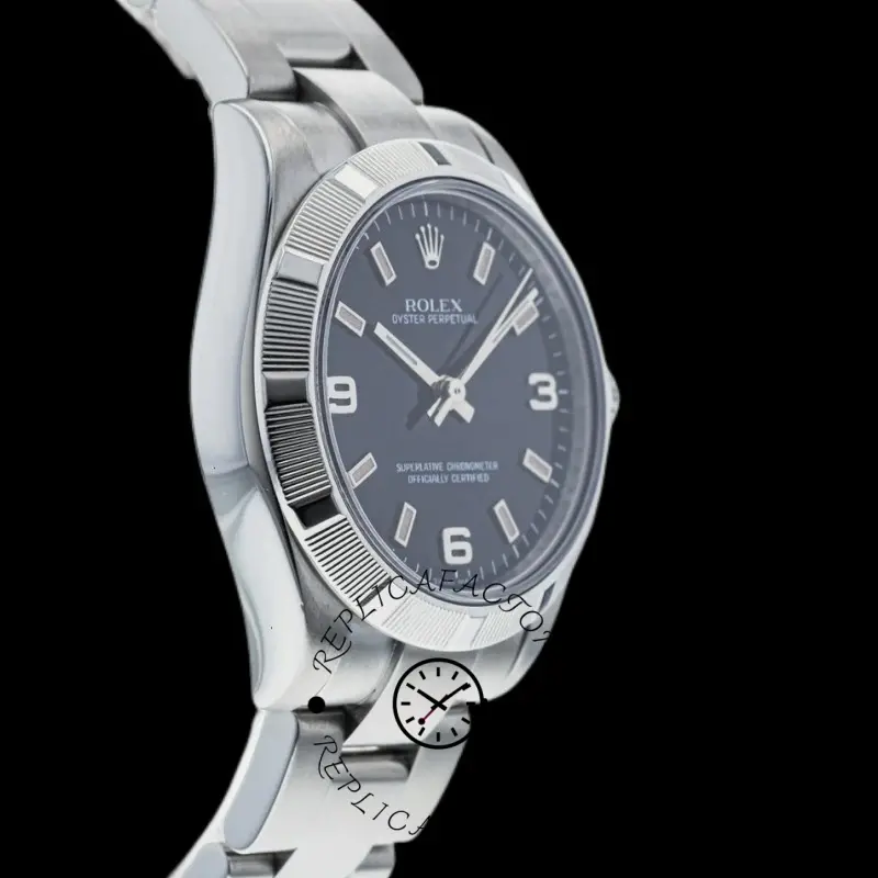 Rolex Oyster Perpetual 177210, side angle close-up showing case profile and bracelet links.