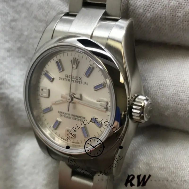 Rolex Oyster Perpetual 176200 crown-side view, case profile and bezel edge detail.