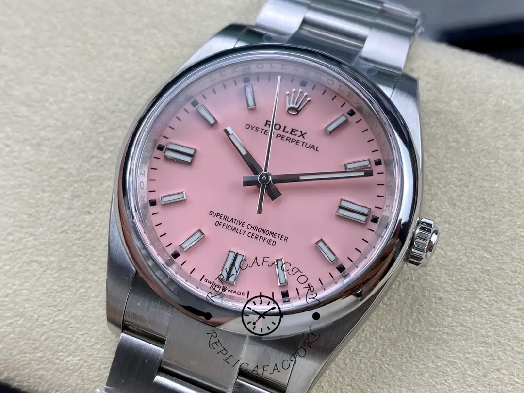 Rolex Oyster Perpetual 126000-0008, pink dial, dial close-up with minute track.