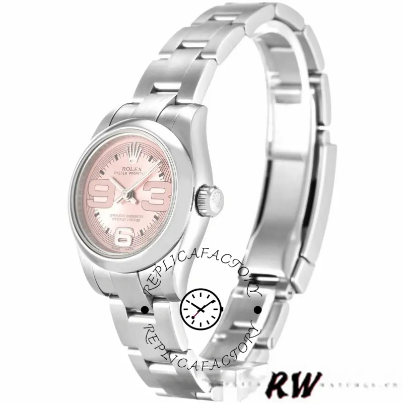 Rolex Oyster Perpetual 176200, angled full view showing pink Arabic dial and Oyster bracelet.