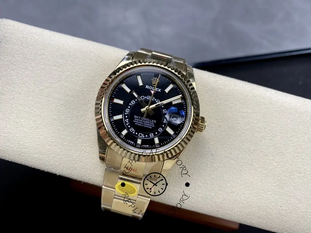 Rolex Sky-Dweller M336938-0002, watch on cushion showing full face and gold bracelet.