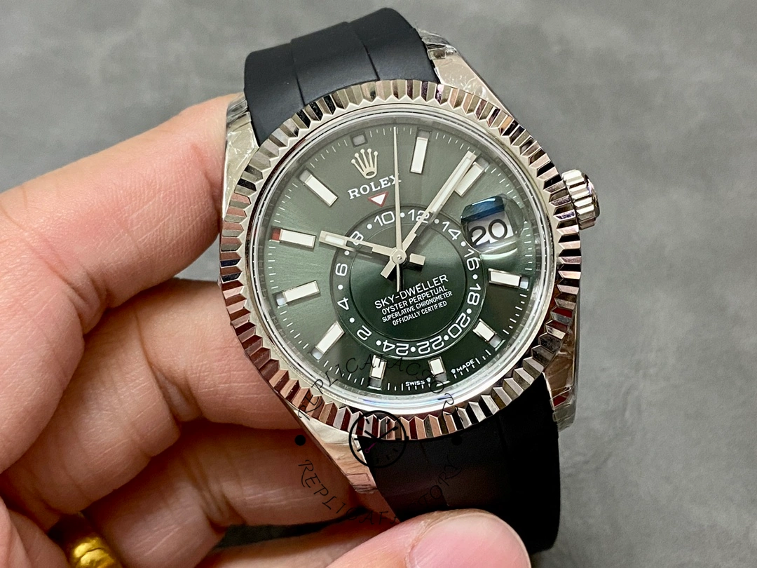 Handheld angled view of the Rolex Sky-Dweller 336239 showing dial details and strap.