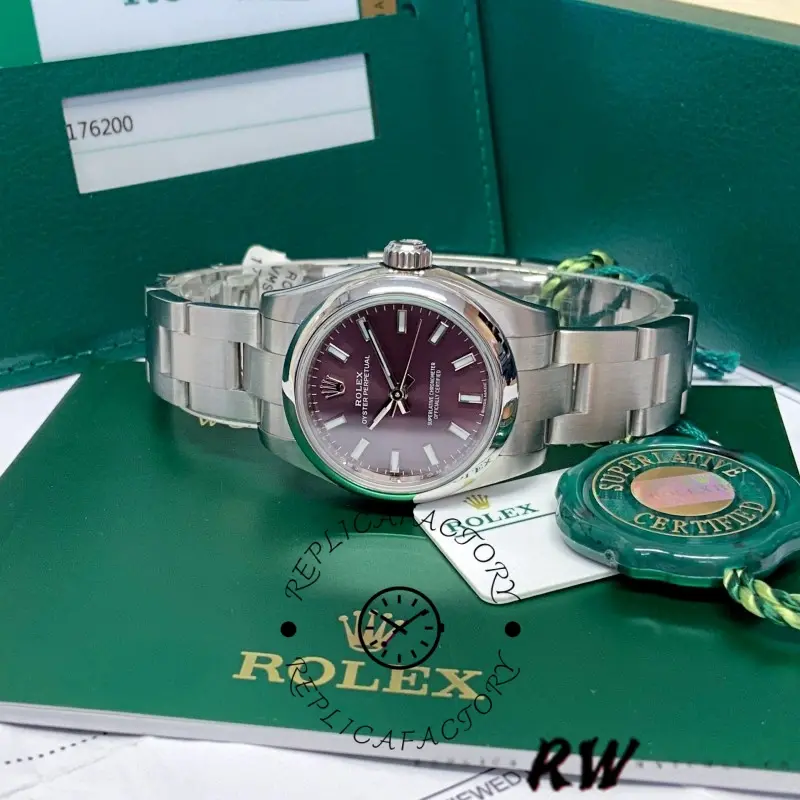 Rolex Oyster Perpetual 176200, full set shot with tags/box, grape red dial, 26mm.