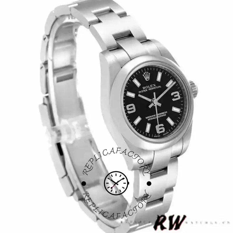 Rolex Oyster Perpetual 176200, black dial, left angled view showing case and bracelet.