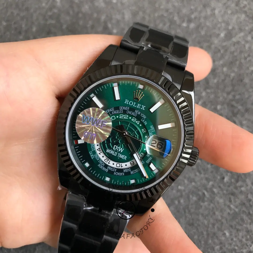 Rolex DiW Sky-Dweller 326934, hand-held angle view highlighting green dial shine.