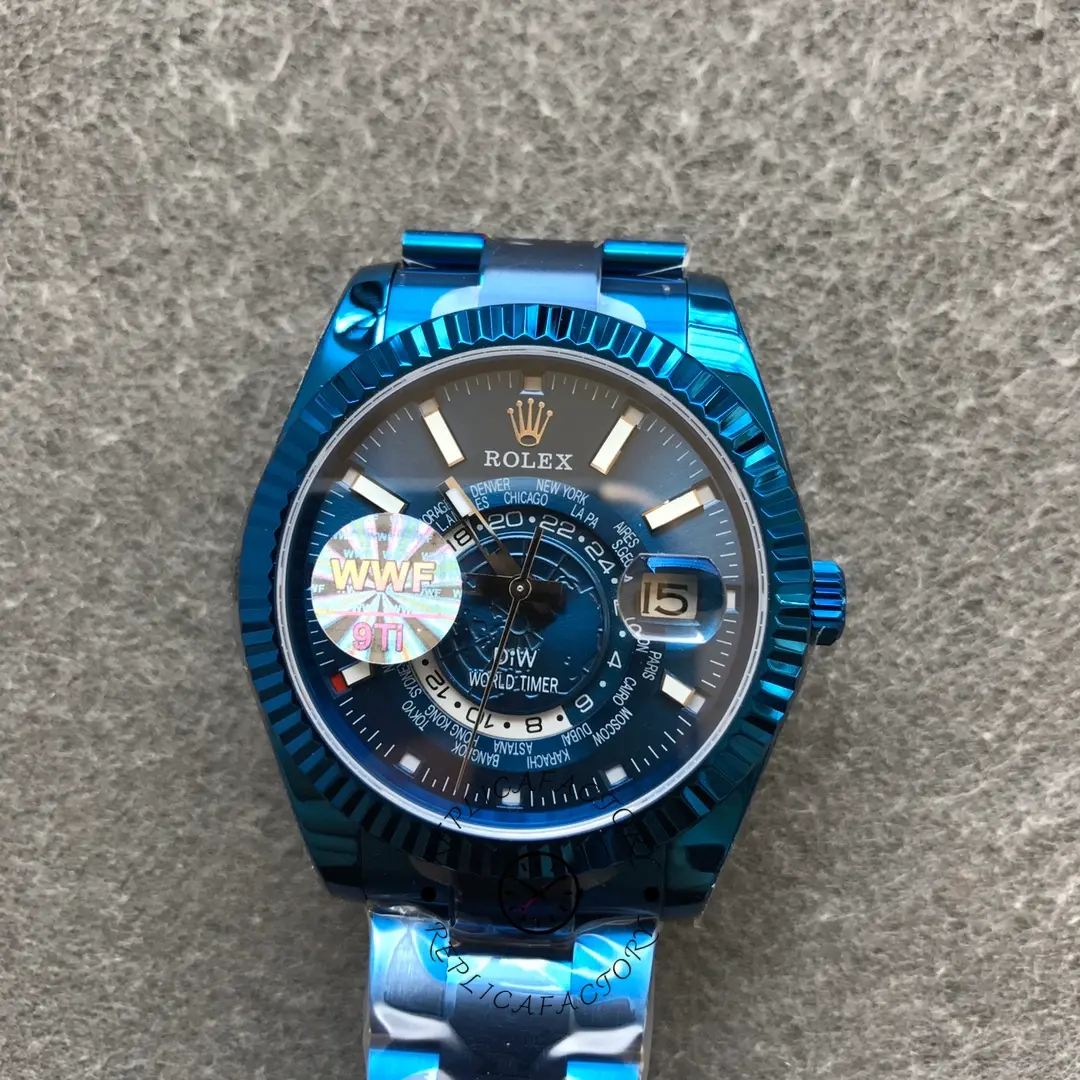 View of the Rolex DiW Sky-Dweller 326934 surface, blue DLC bracelet visible.