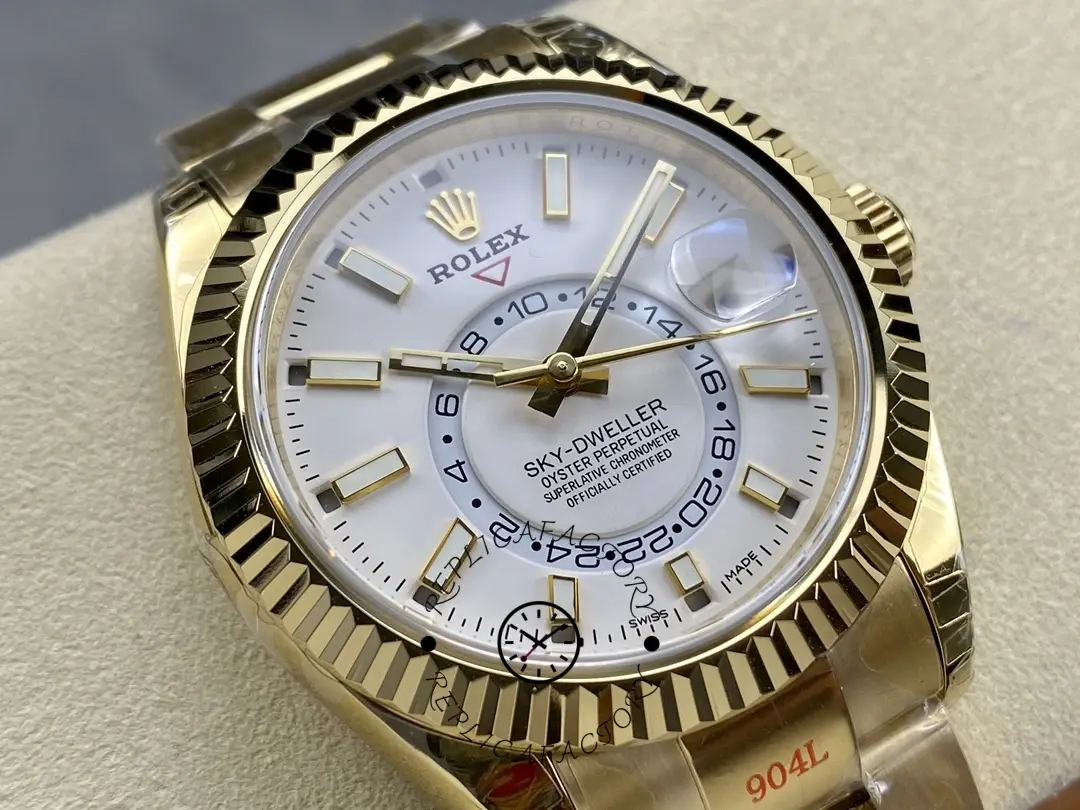 Angled close-up of the Rolex Sky-Dweller M336938 0003 showing dial details and bezel teeth.