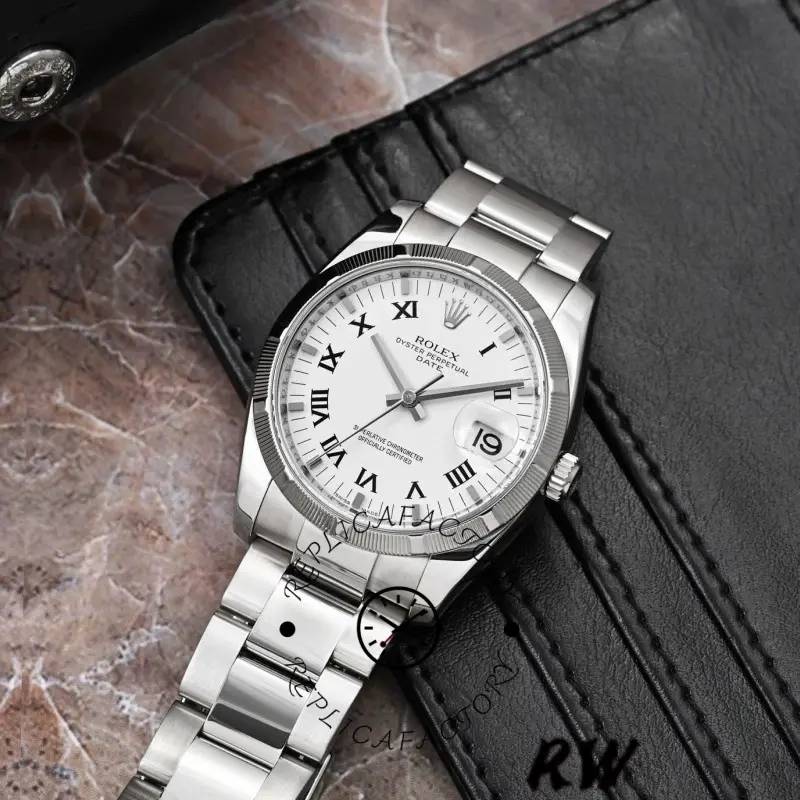 Rolex Oyster Perpetual Date 115210, white Roman dial, angled view highlighting case and bezel.