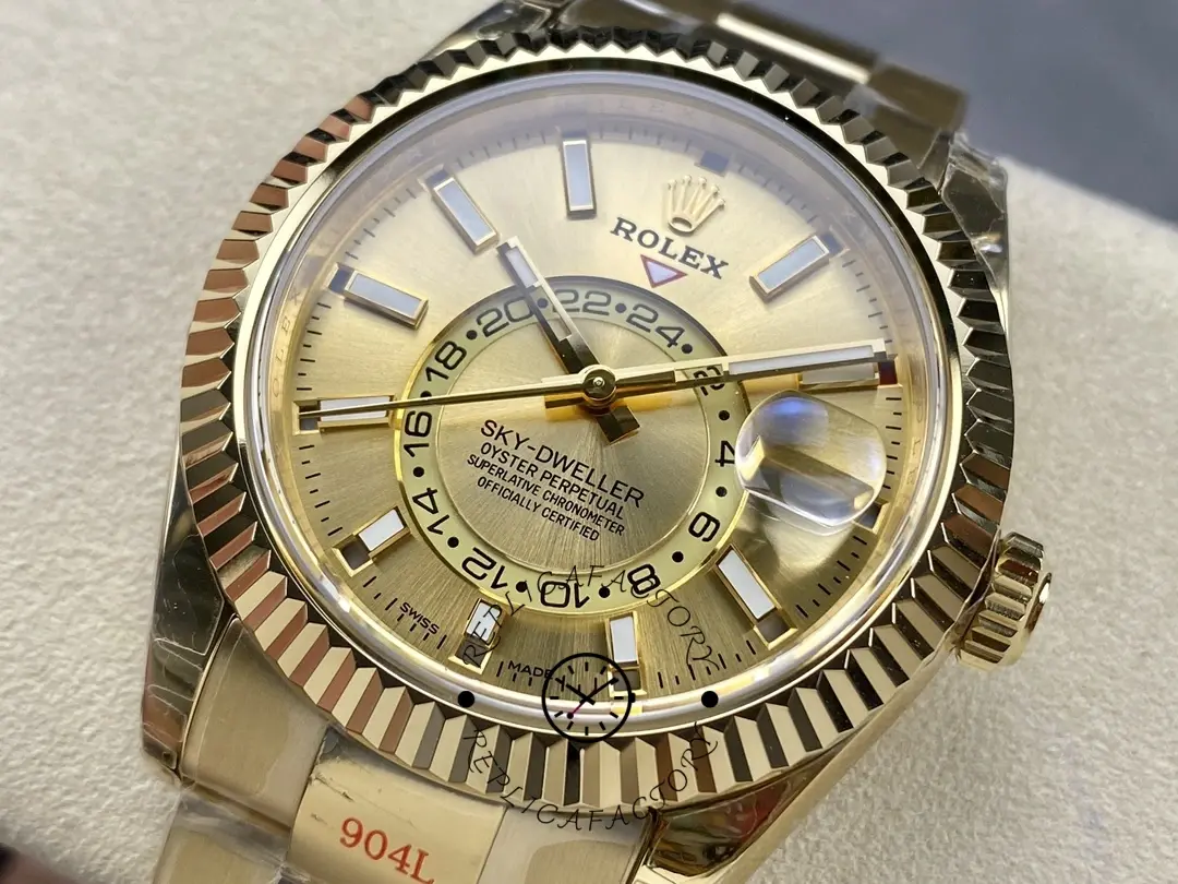 Rolex Sky-Dweller m336938-0001, close-up of champagne dial and hands.