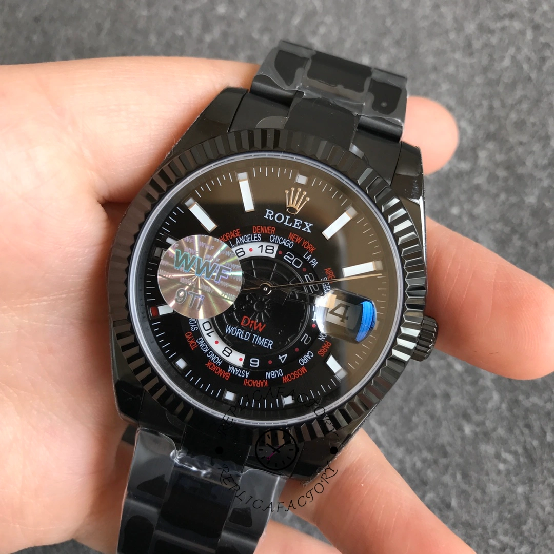 Rolex Sky-Dweller DIW Limited Edition, wrist shot, black dial with red accents.