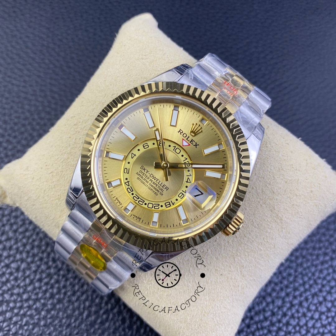 Rolex Sky-Dweller M336933 0002, front view on cushion with Jubilee links visible.