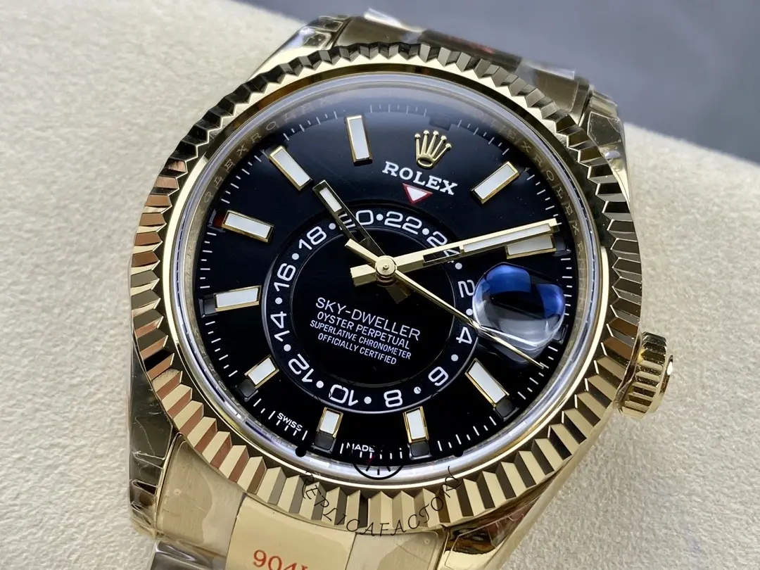 Rolex Sky-Dweller M336938-0002, dial close-up from angle showing fluted bezel edge.