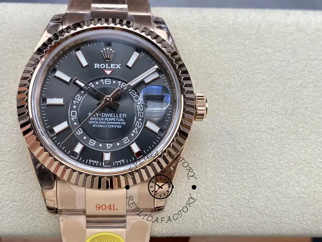 Rolex Sky-Dweller m336935 0004 on cushion, full dial and bracelet view.