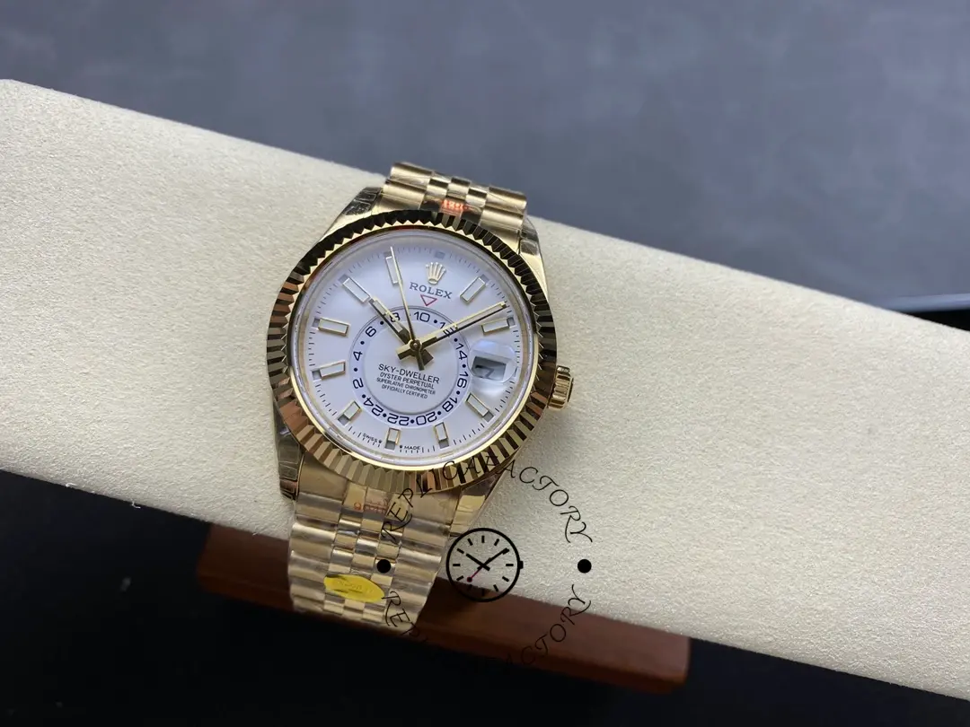 Rolex Sky-Dweller M336938 0006, full watch angled, white dial on Jubilee-style bracelet.