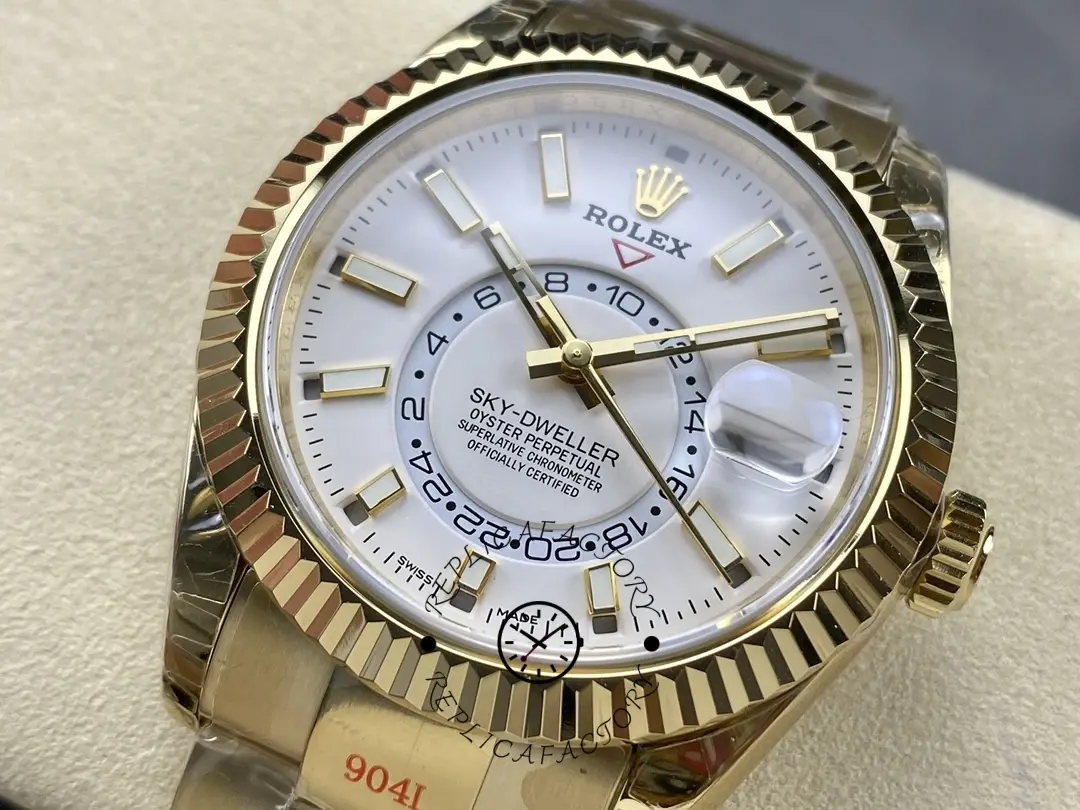 Front angled view of the Rolex Sky-Dweller M336938 0003 on pillow showing case and bracelet.