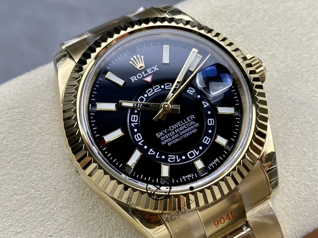Rolex Sky-Dweller M336938-0002, dial close-up showing markers, hands, and calendar display.