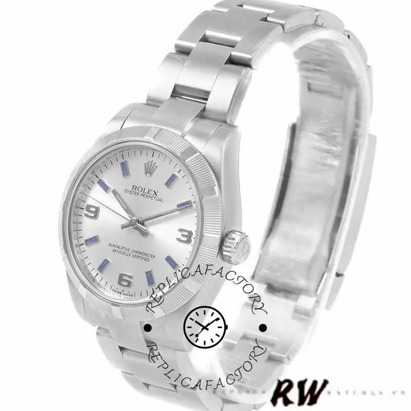 Rolex Oyster Perpetual 177210, side angle view showing case profile and bracelet curve.