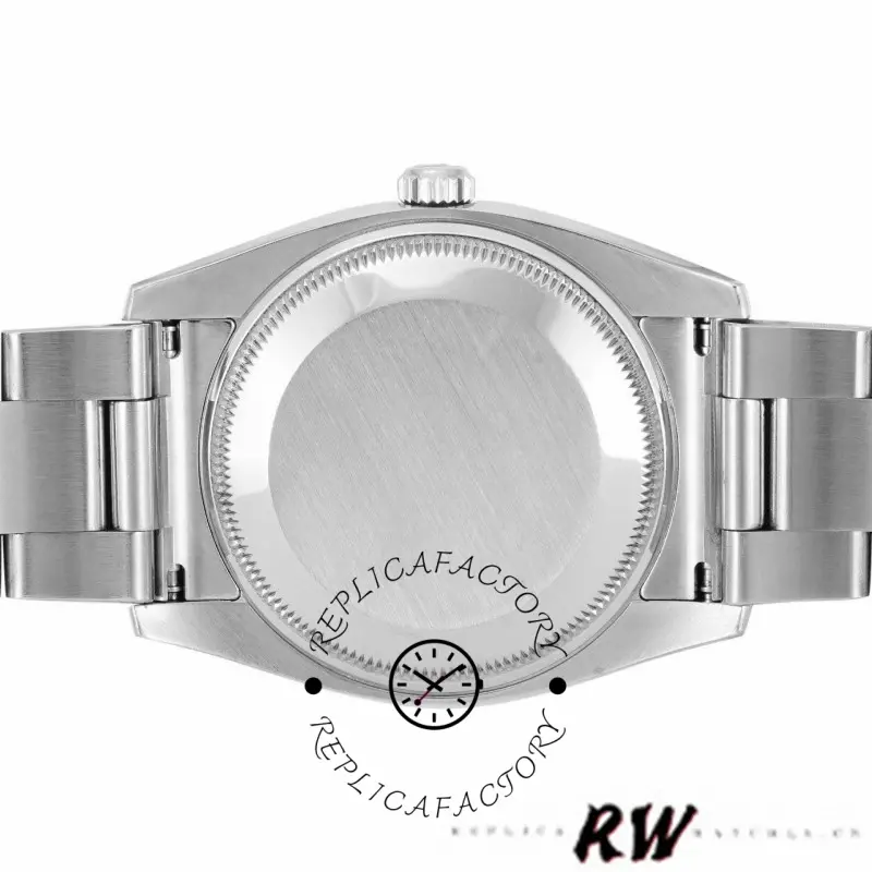 Rolex Oyster Perpetual Date 115210, caseback view showing smooth back and bracelet links.