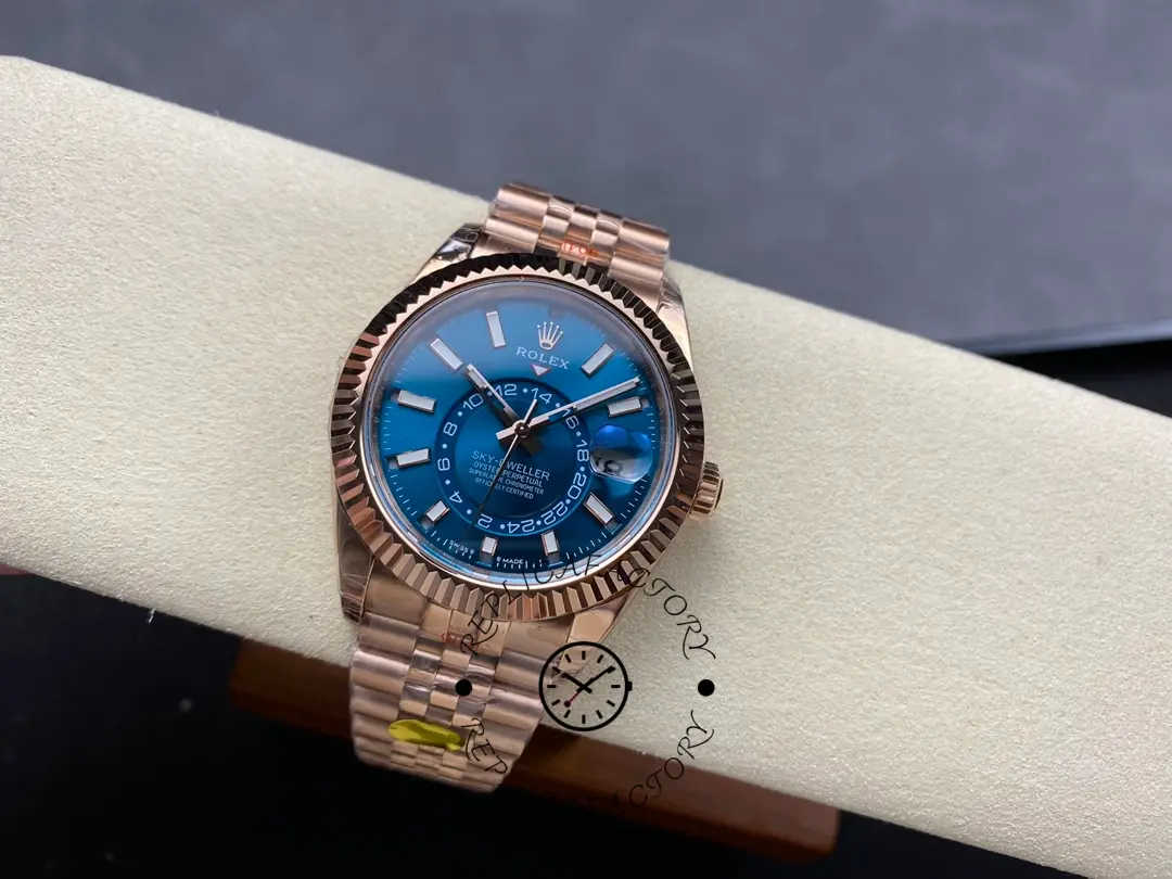 Full watch view of the Rolex Sky-Dweller m336935 0005 on pillow showing bracelet and dial.