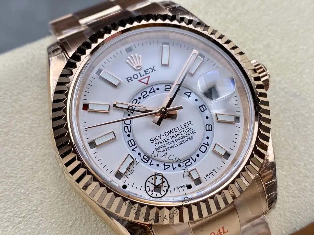 Dial close-up of the Rolex Sky-Dweller M336935 0003 showing subdials and fluted bezel.