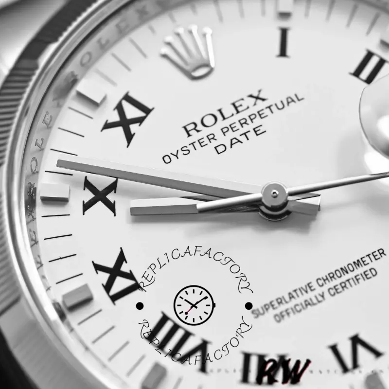 Rolex Oyster Perpetual Date 115210, white Roman dial, dial close-up showing hands and numerals.