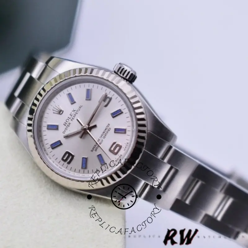 Angled close-up of the Rolex Oyster Perpetual 176234 showing fluted bezel and blue batons, 26mm.