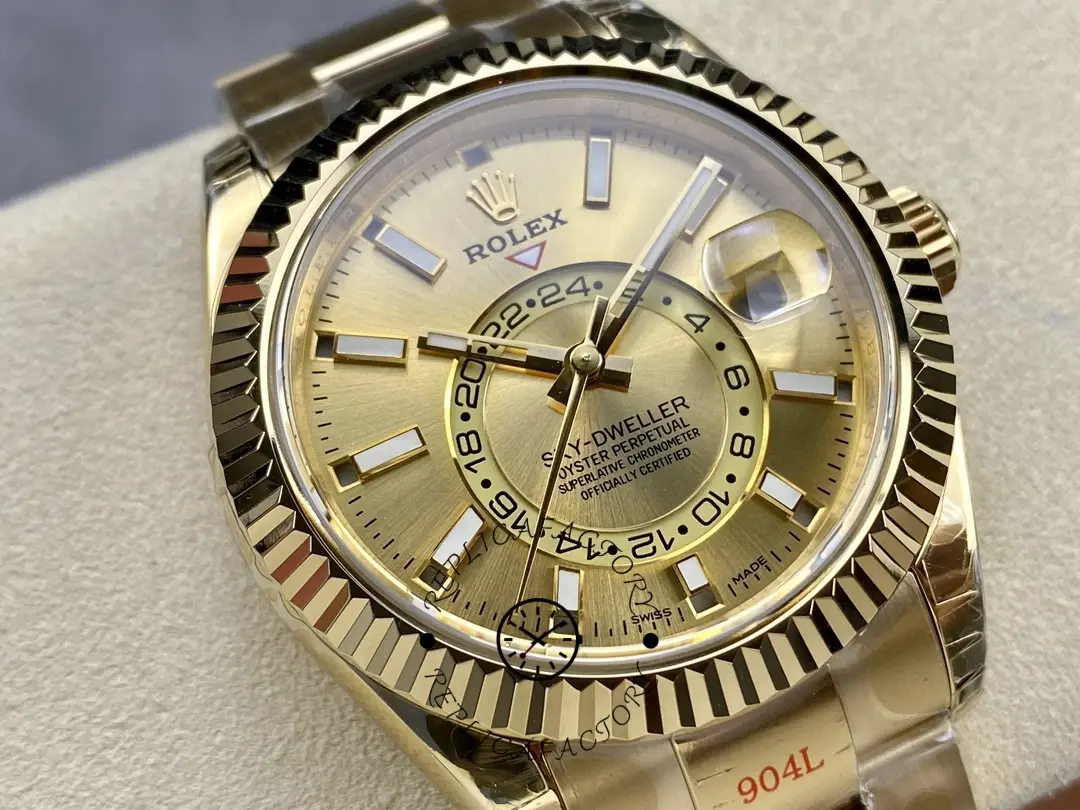 Rolex Sky-Dweller m336938-0001, angled view on cushion showing case and bracelet.