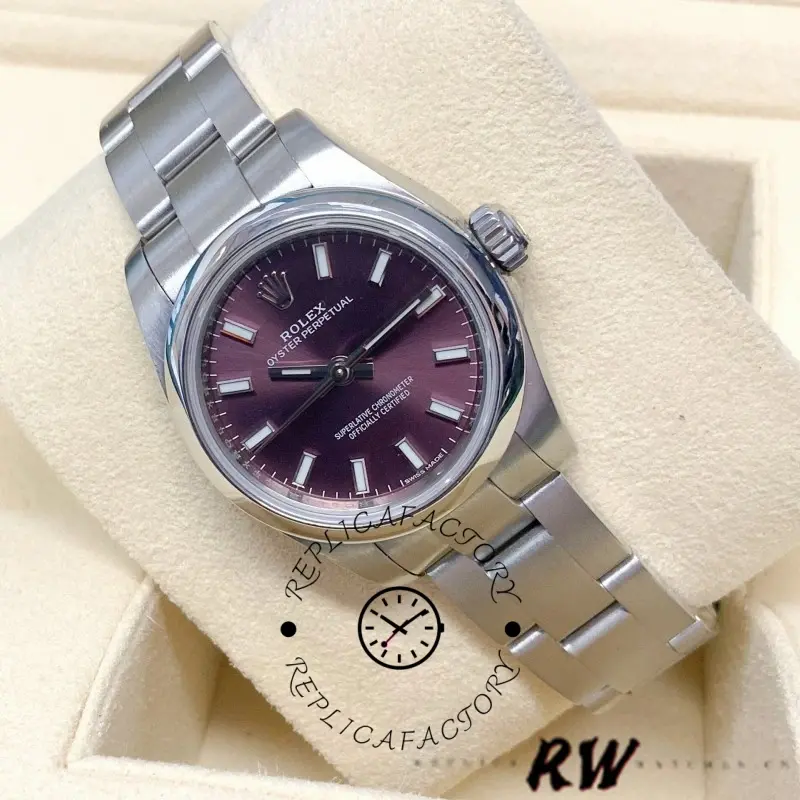 Rolex Oyster Perpetual 176200, front angle on cushion, grape red dial, 26mm.