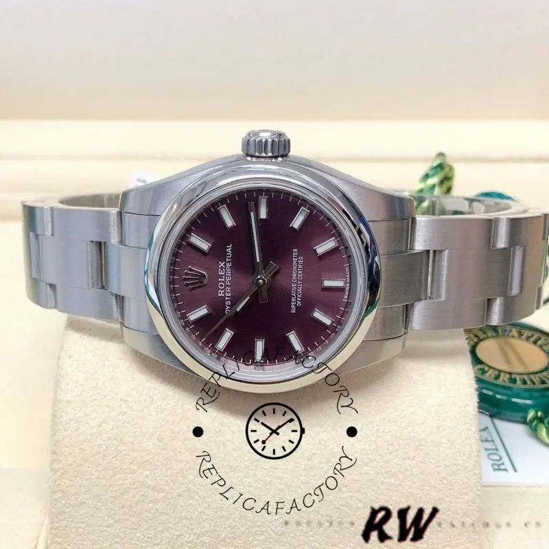 Rolex Oyster Perpetual 176200, straight-on dial close view, grape red dial, 26mm.