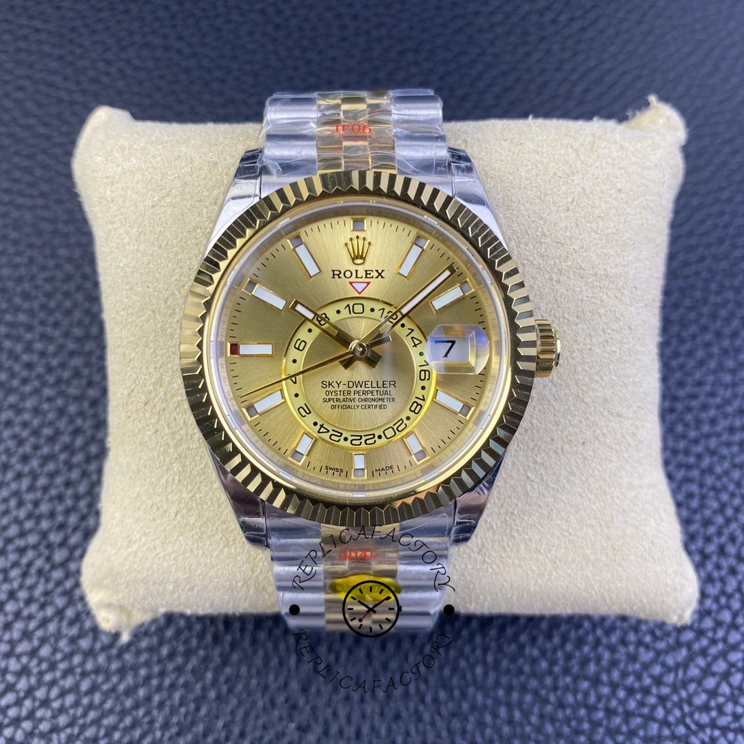 Rolex Sky-Dweller M336933 0002, front view on cushion showing stick markers and bezel.