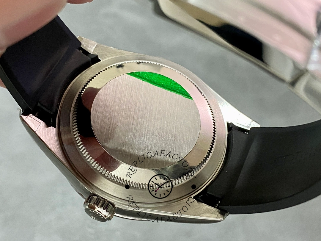 Caseback view of the Rolex Sky-Dweller 336239 showing solid back and rubber strap.