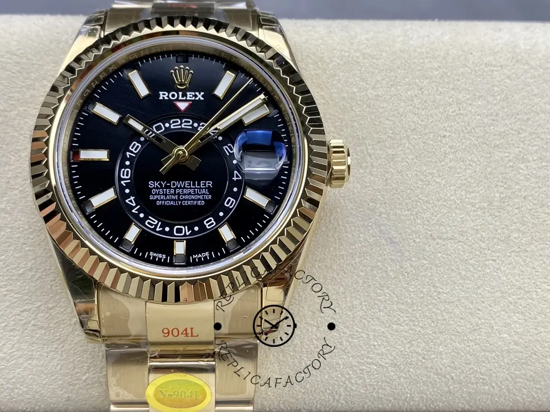 Rolex Sky-Dweller M336938-0002, close front view showing black dial layout and fluted bezel.