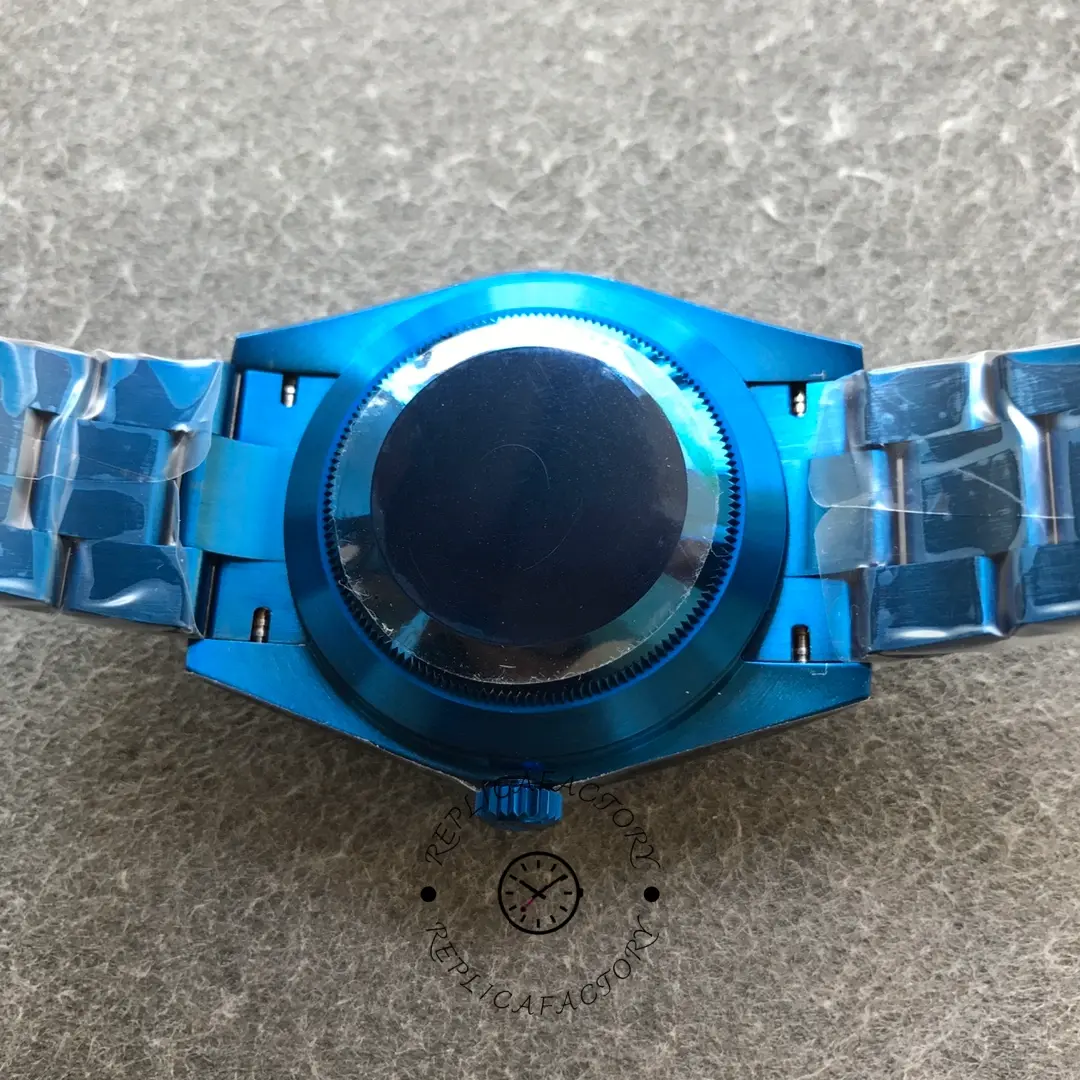 Caseback view of the Rolex DiW Sky-Dweller 326934, blue DLC finish shown from the rear.