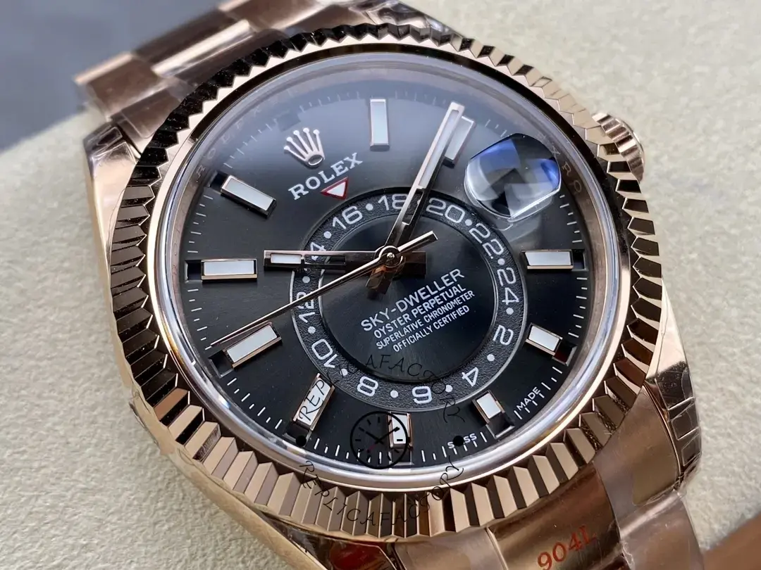 Rolex Sky-Dweller m336935 0004 close-up, slate dial and fluted bezel detail.