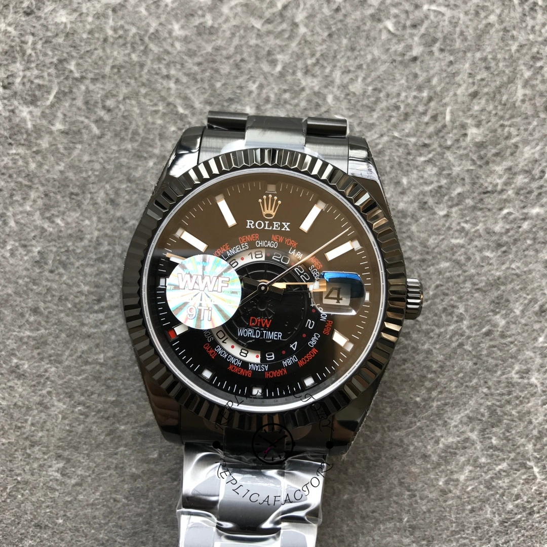 Rolex Sky-Dweller DIW Limited Edition, full watch on table, black dial and PVD bracelet.