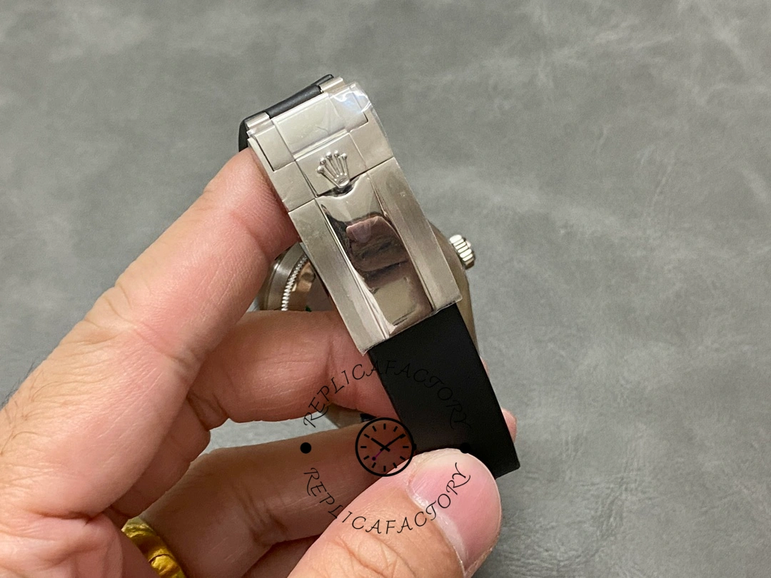 Clasp detail of the Rolex Sky-Dweller 336239 showing clasp area and strap end.