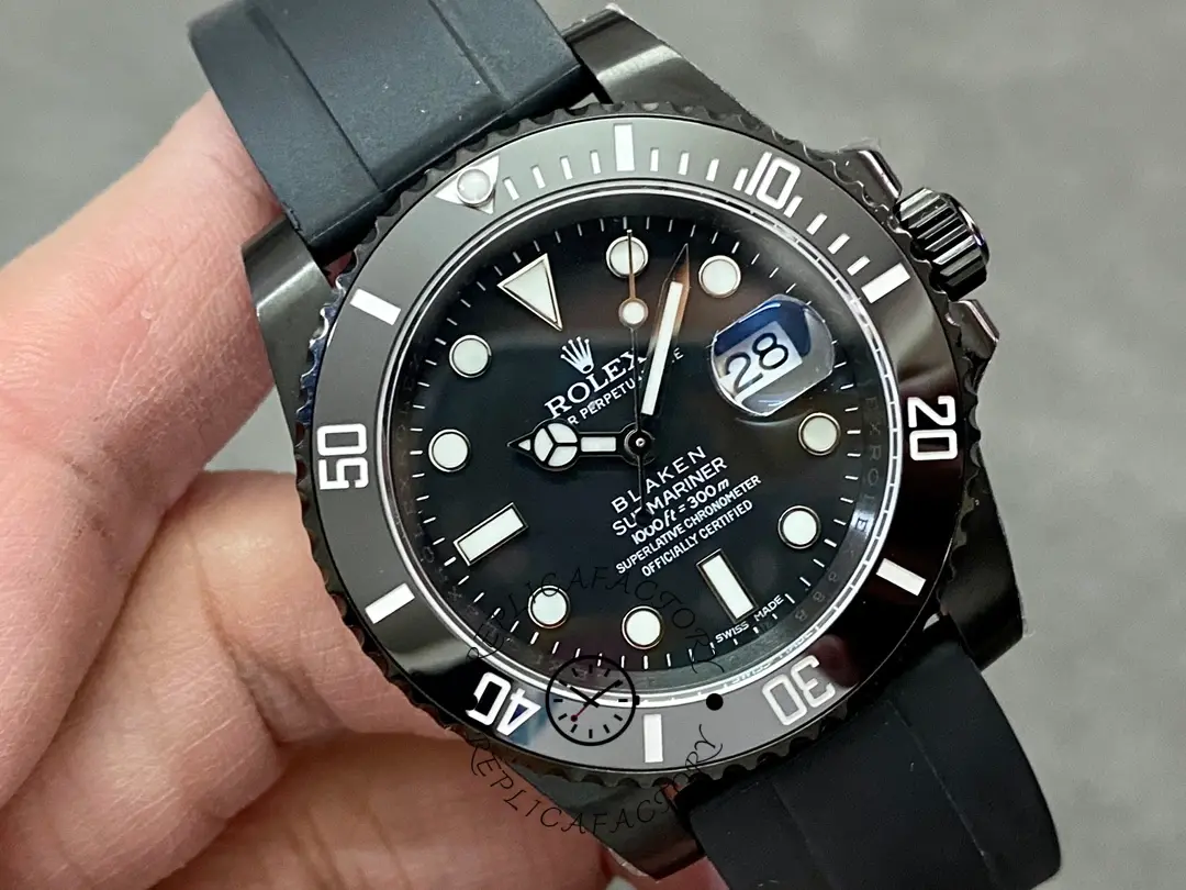 Rolex Blaken Submariner 116610, angled view showing case and bezel.