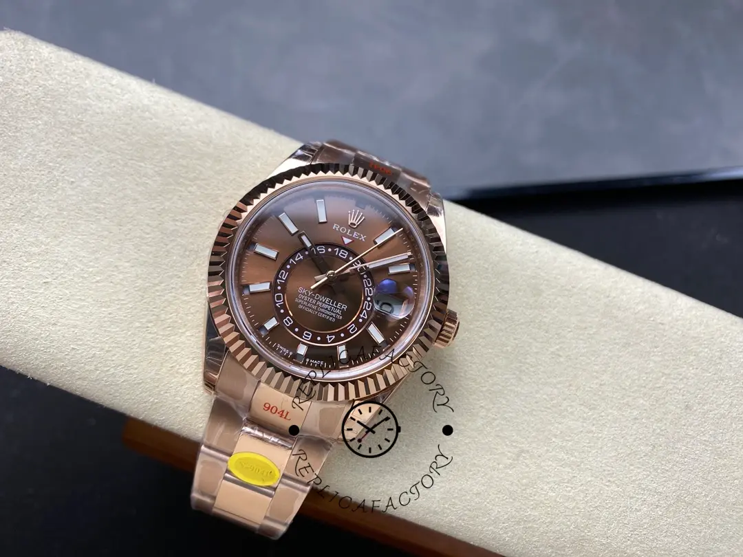 Rolex Sky-Dweller 336935 0002, full watch on wrist pad, chocolate dial and bracelet view.